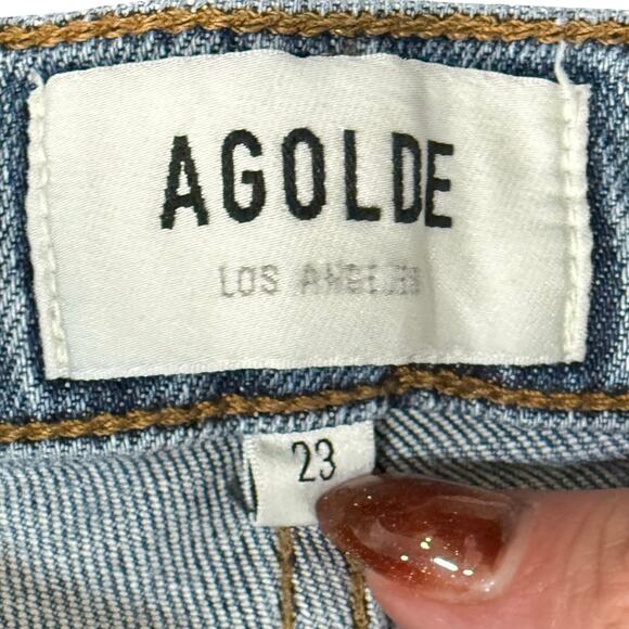 Agolde Nico High Rise Blue Light Wash Chew Hem Distressed Skinny Jeans size 23 - Picture 3 of 11
